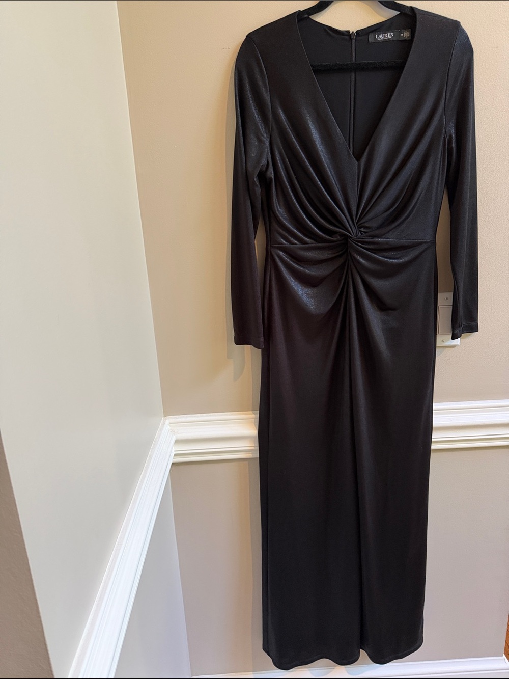 Lauren Ralph Lauren Black Twist-Front Foil Print Jersey Gown Size 10